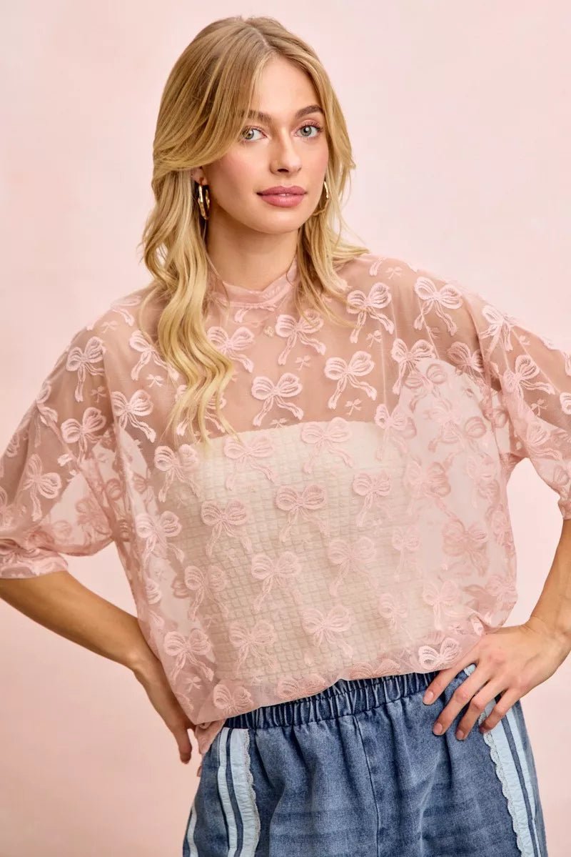 BiBi Bow Pattern Short Sleeves Boxy Mesh Top - Wow Store