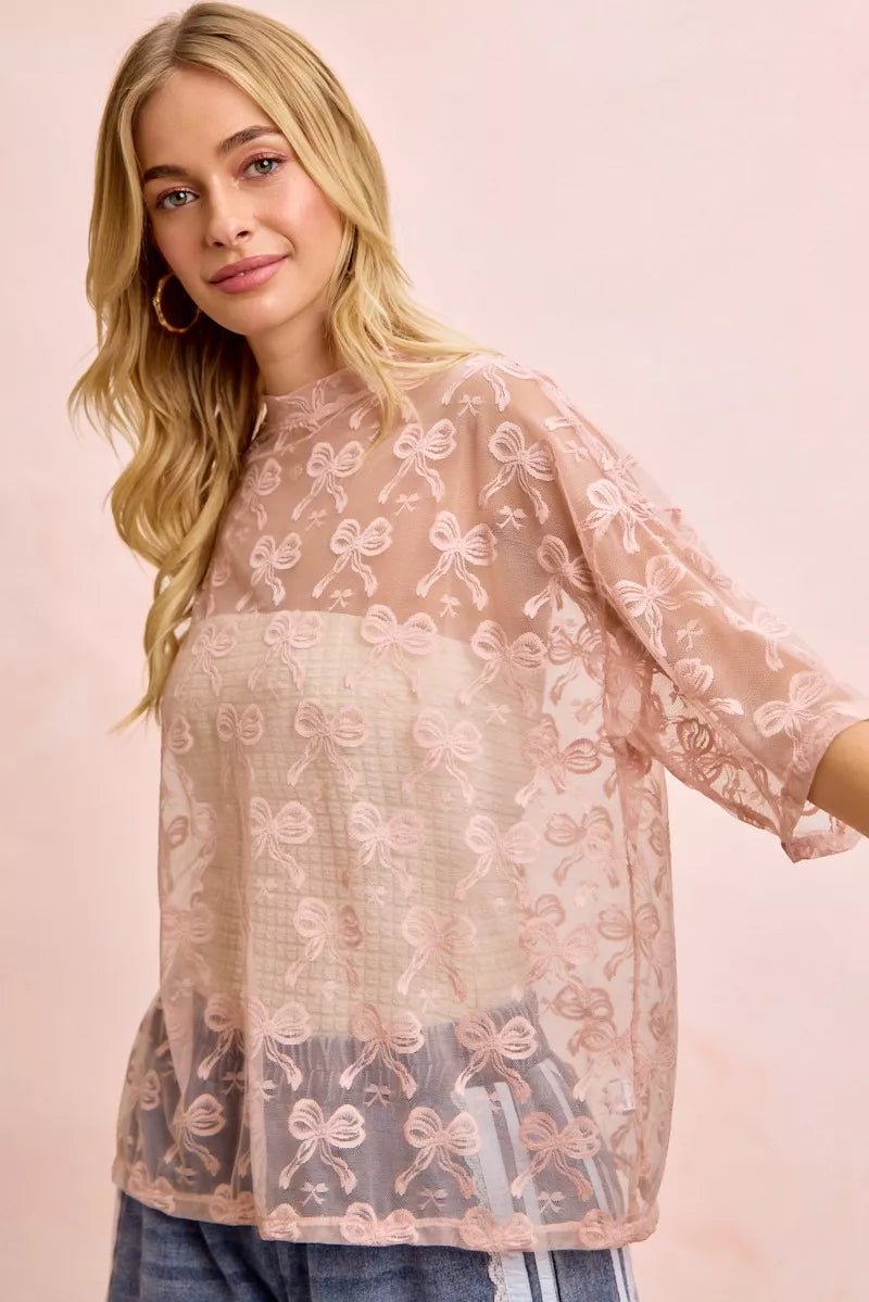 BiBi Bow Pattern Short Sleeves Boxy Mesh Top - Wow Store