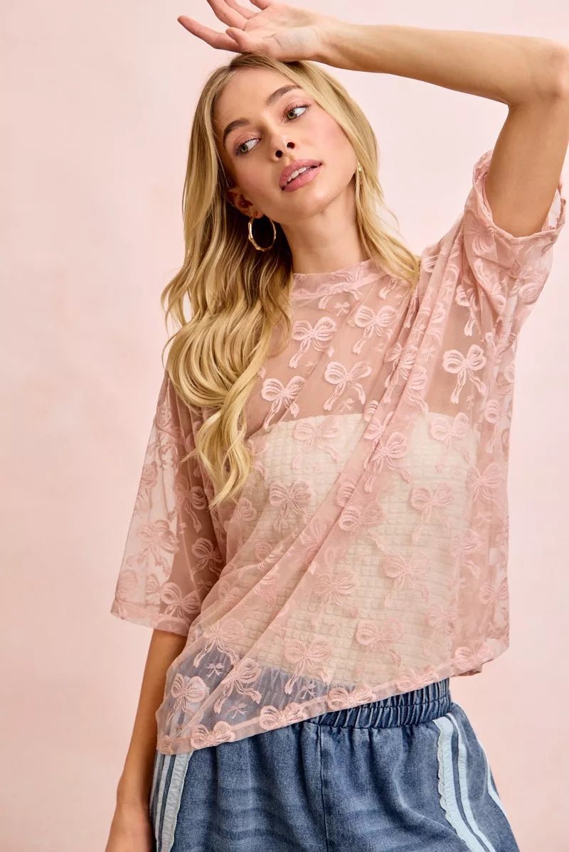 BiBi Bow Pattern Short Sleeves Boxy Mesh Top - Wow Store