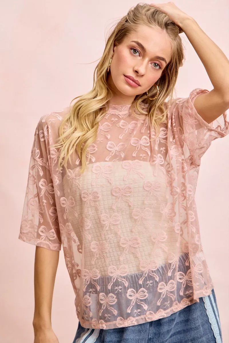 BiBi Bow Pattern Short Sleeves Boxy Mesh Top - Wow Store
