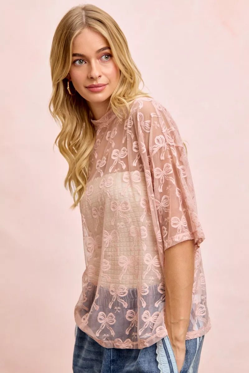 BiBi Bow Pattern Short Sleeves Boxy Mesh Top - Wow Store