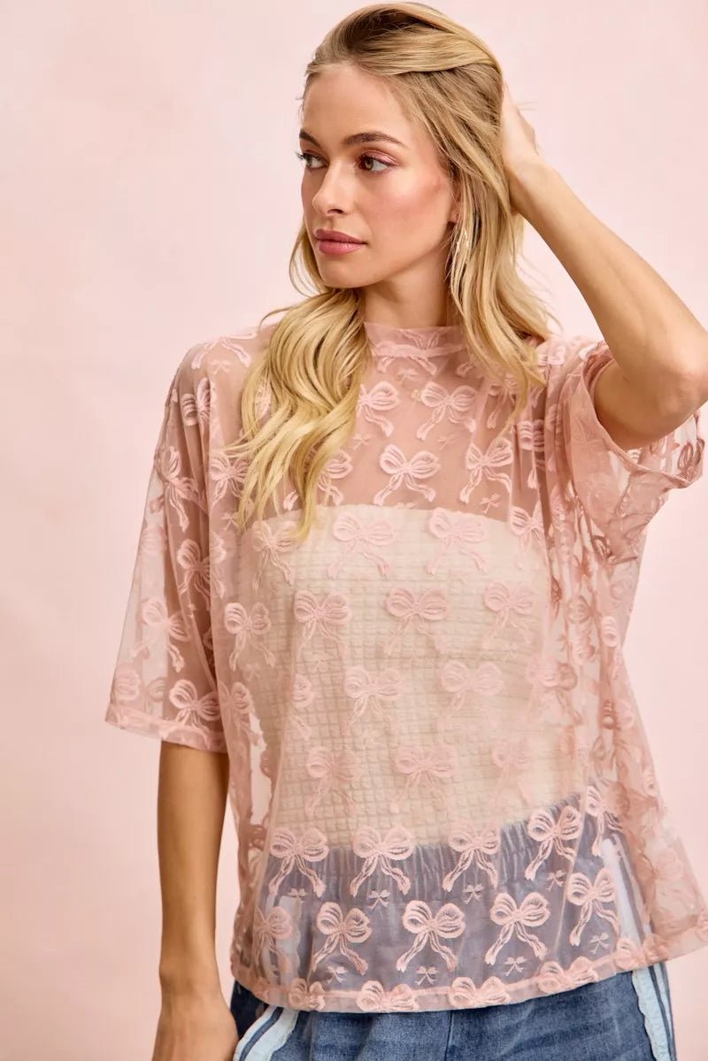 BiBi Bow Pattern Short Sleeves Boxy Mesh Top - Wow Store