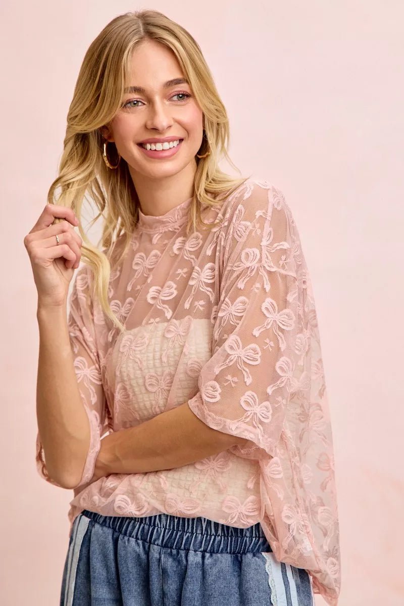 BiBi Bow Pattern Short Sleeves Boxy Mesh Top - Wow Store