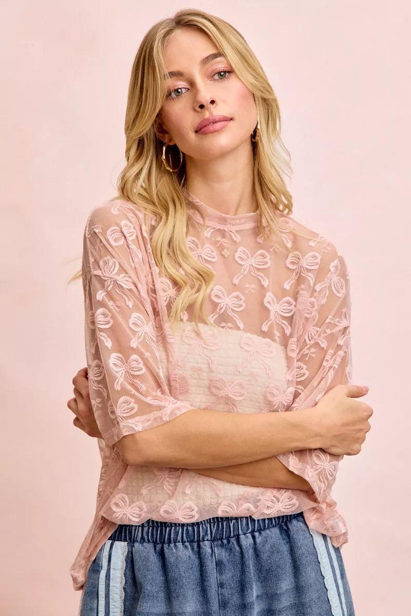 BiBi Bow Pattern Short Sleeves Boxy Mesh Top - Wow Store