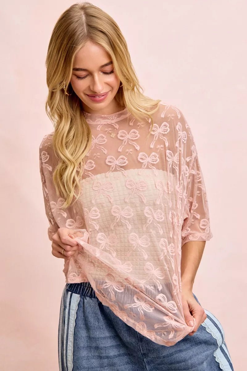 BiBi bow pattern boxy mesh top with short sleeves – lightweight breathable women's casual tee in white