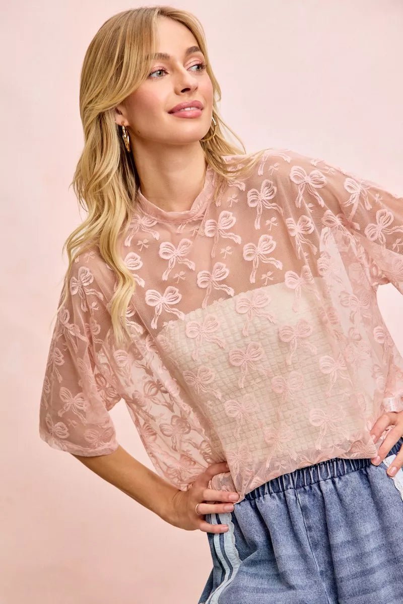 BiBi Bow Pattern Short Sleeves Boxy Mesh Top - Wow Store