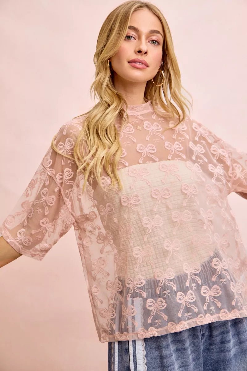 BiBi Bow Pattern Short Sleeves Boxy Mesh Top - Wow Store