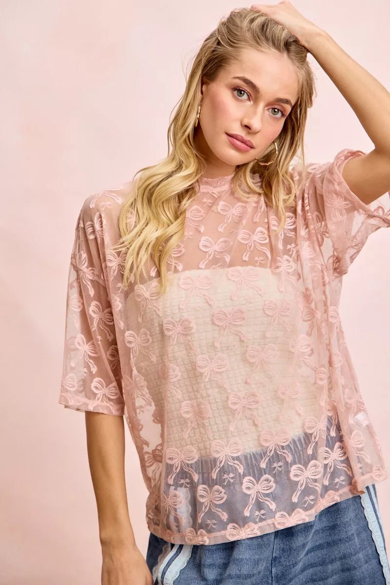 BiBi Bow Pattern Short Sleeves Boxy Mesh Top - Wow Store