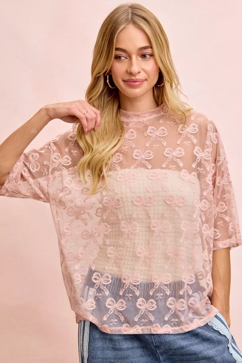 BiBi Bow Pattern Short Sleeves Boxy Mesh Top - Wow Store