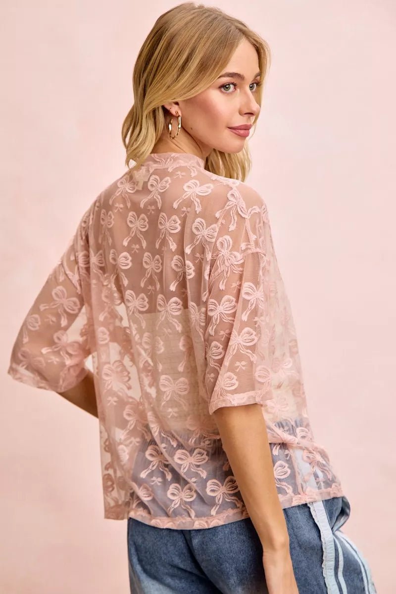 BiBi Bow Pattern Short Sleeves Boxy Mesh Top - Wow Store