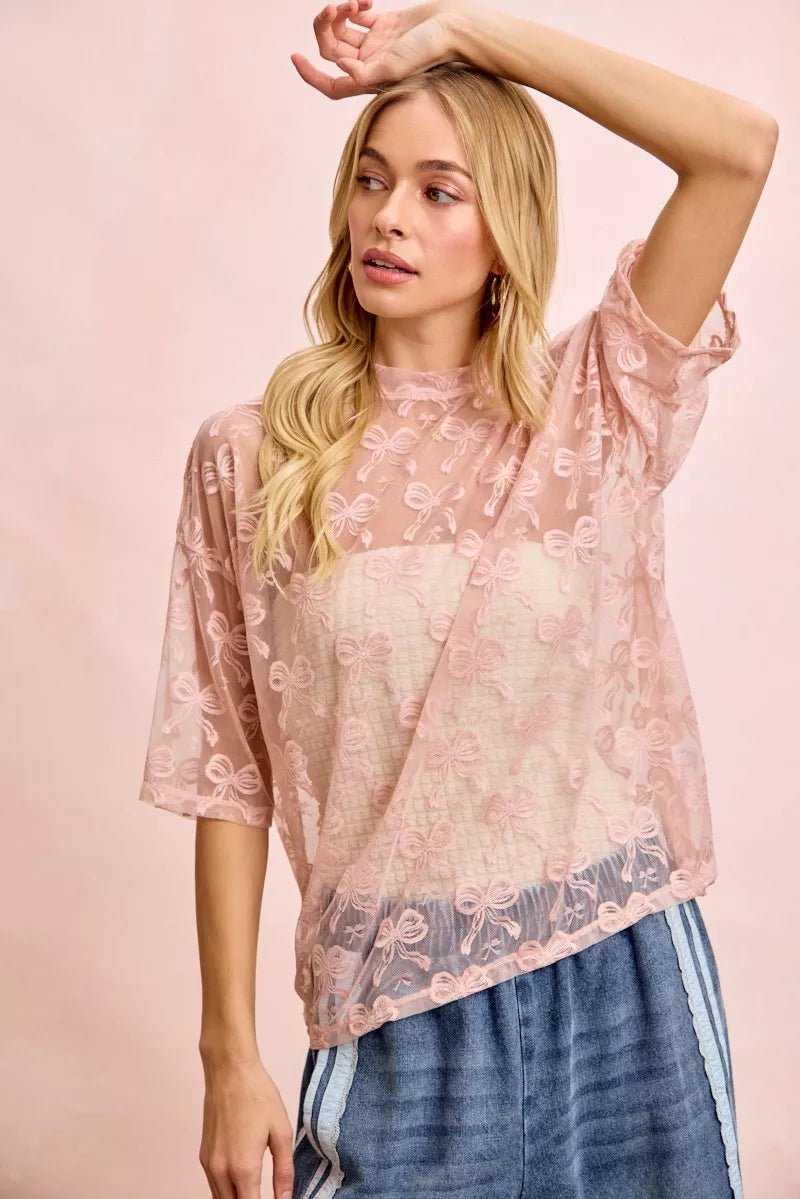 BiBi Bow Pattern Short Sleeves Boxy Mesh Top - Wow Store