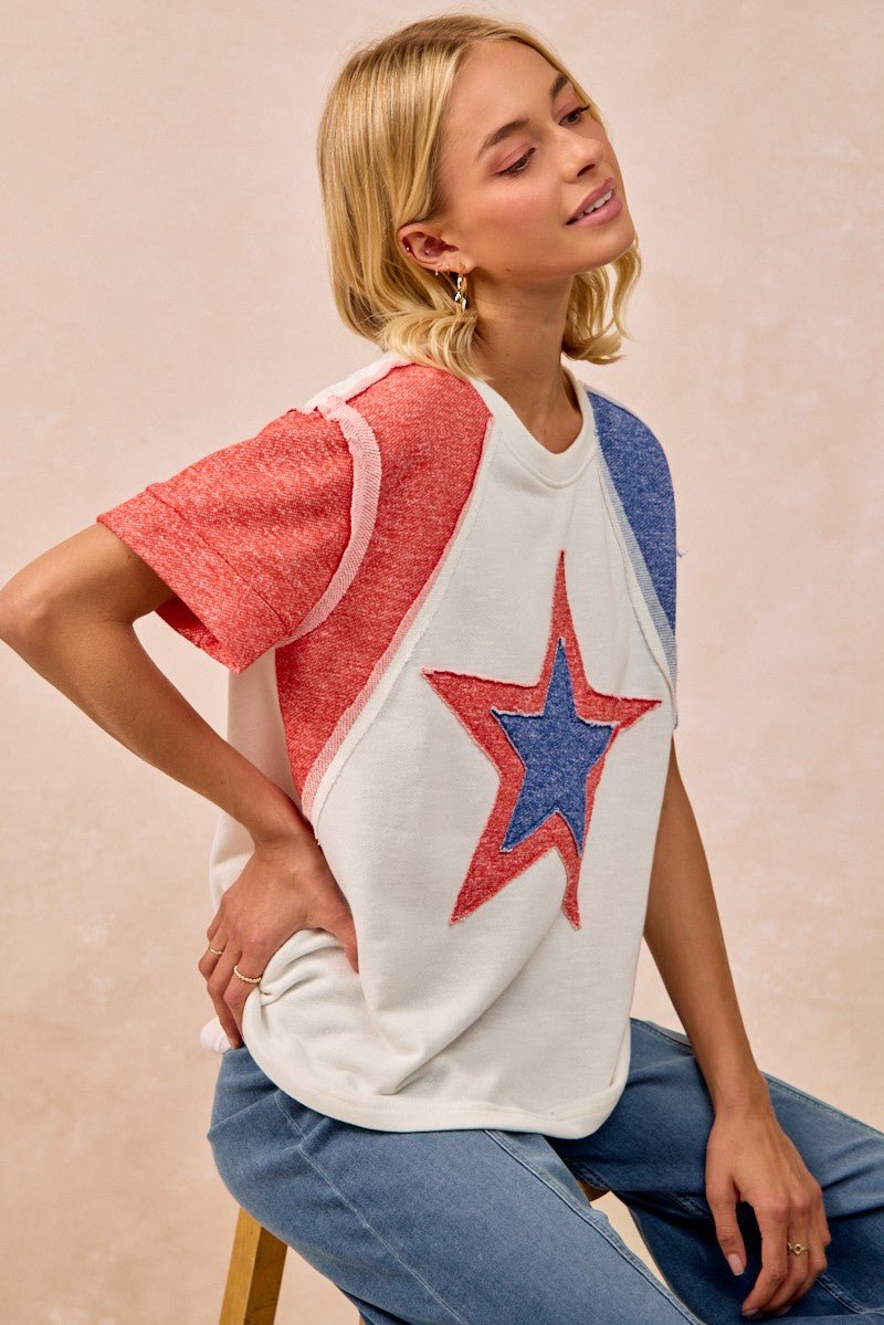BiBi Contrast French Terry Cut Edge Detail Fourth Of July Theme T-Shirt - Wow Store