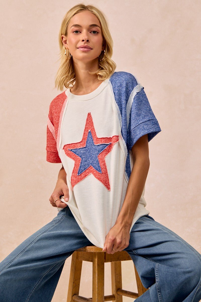 BiBi Contrast French Terry Cut Edge Detail Fourth Of July Theme T-Shirt - Wow Store