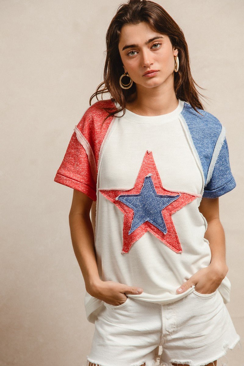 BiBi Contrast French Terry Cut Edge Detail Fourth Of July Theme T-Shirt - Wow Store