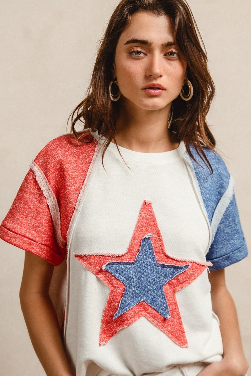 BiBi Contrast French Terry Cut Edge Detail Fourth Of July Theme T-Shirt - Wow Store