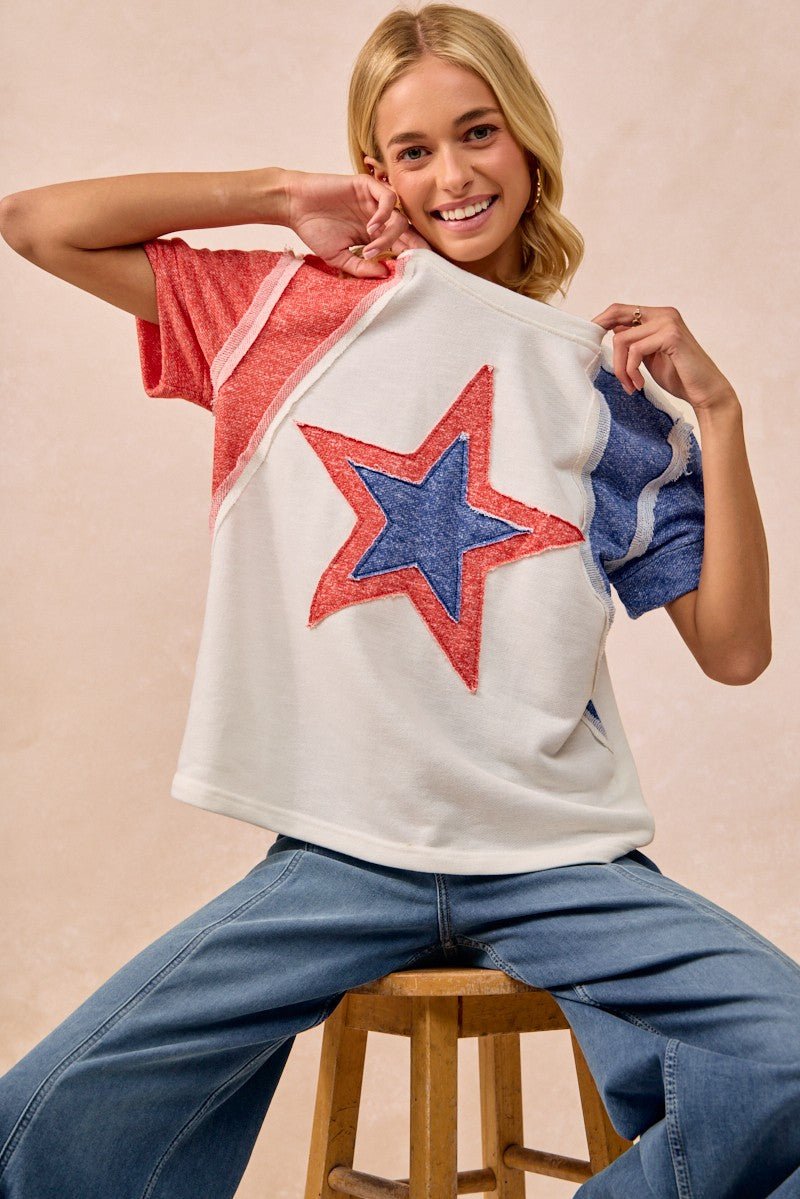 BiBi Contrast French Terry Cut Edge Detail Fourth Of July Theme T-Shirt - Wow Store