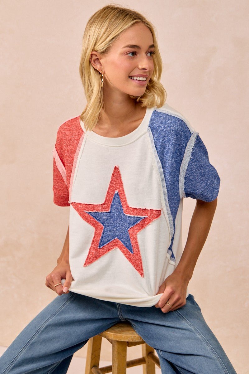 BiBi Contrast French Terry Cut Edge Detail Fourth Of July Theme T-Shirt - Wow Store