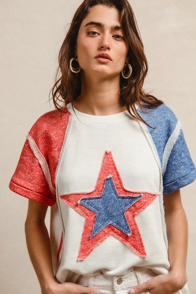 BiBi Contrast French Terry Cut Edge Detail Fourth Of July Theme T-Shirt - Wow Store