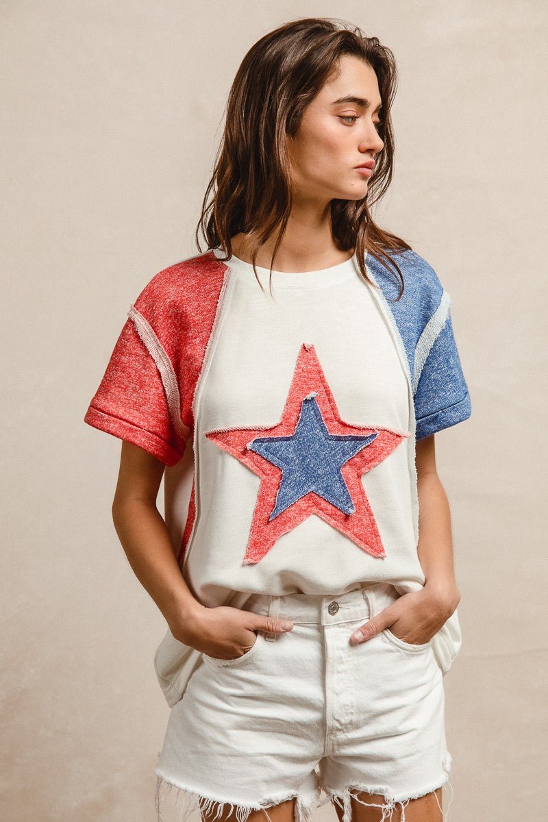 BiBi Fourth of July contrast French terry T-shirt with cut edge detail and bold red, white, and blue design