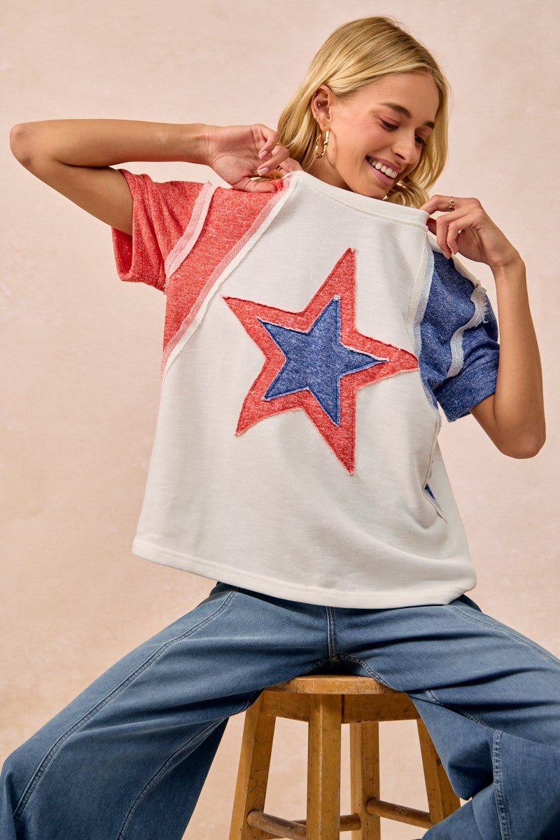 BiBi Contrast French Terry Cut Edge Detail Fourth Of July Theme T-Shirt - Wow Store