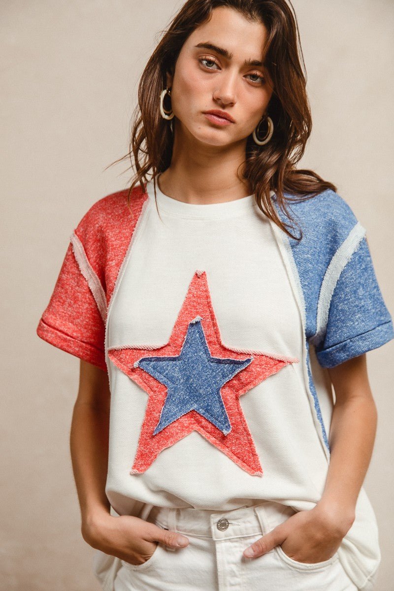 BiBi Contrast French Terry Cut Edge Detail Fourth Of July Theme T-Shirt - Wow Store