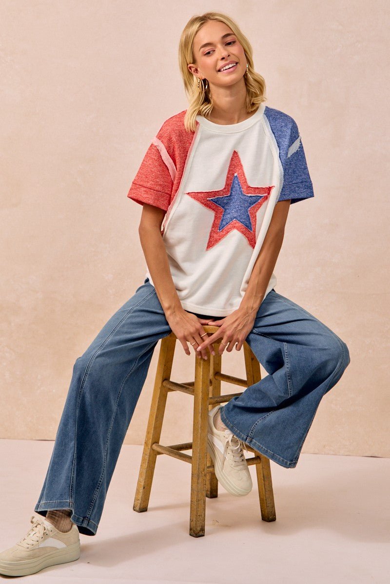 BiBi Contrast French Terry Cut Edge Detail Fourth Of July Theme T-Shirt - Wow Store