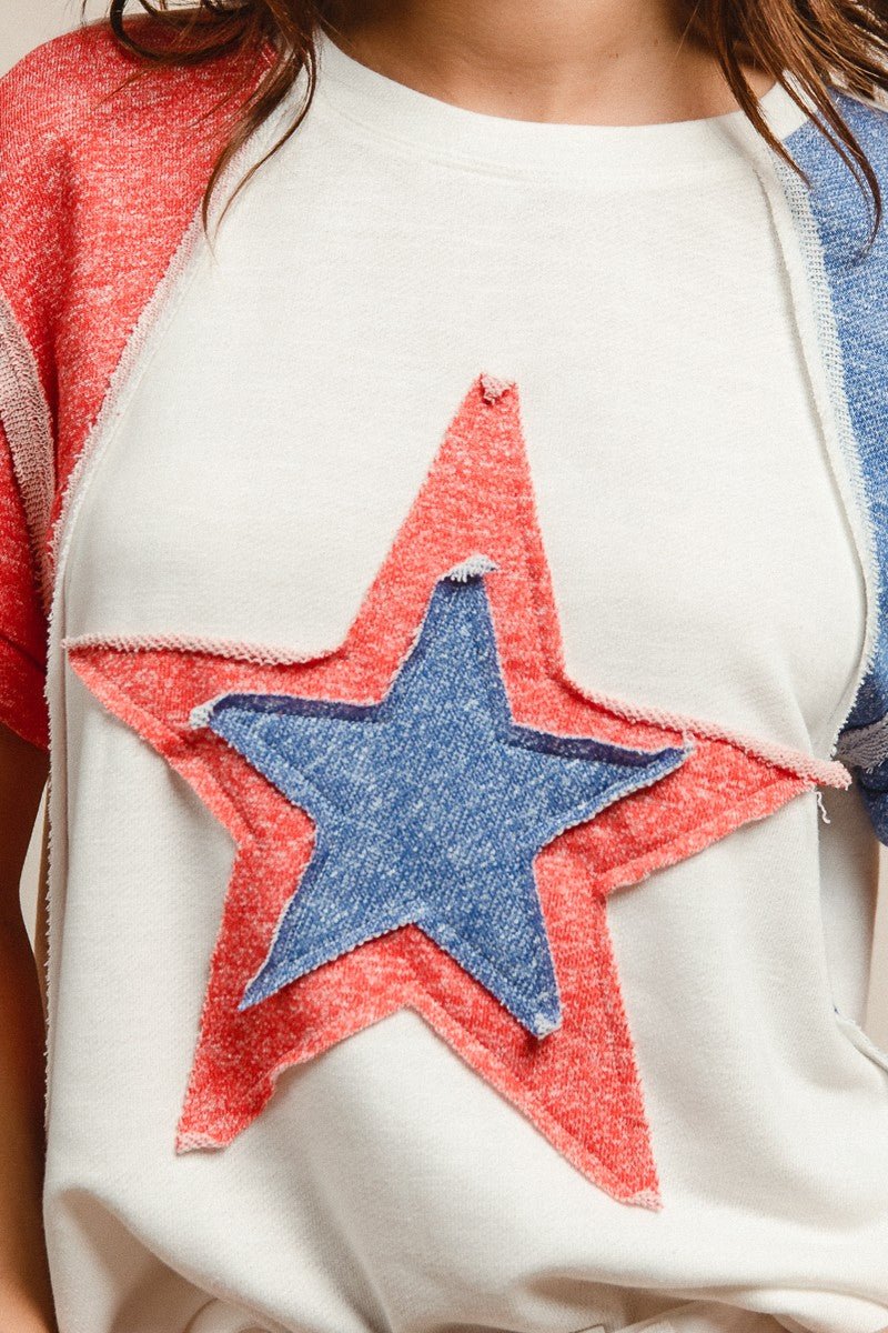 BiBi Contrast French Terry Cut Edge Detail Fourth Of July Theme T-Shirt - Wow Store