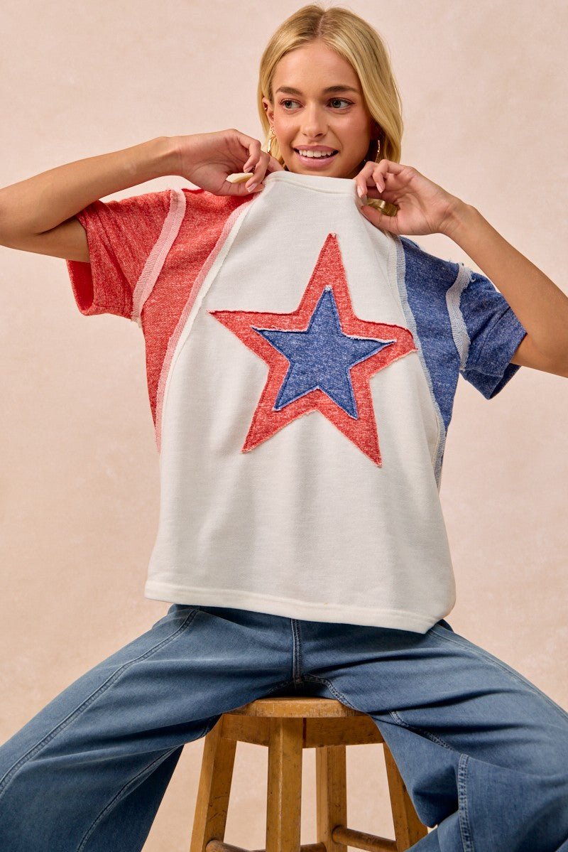 BiBi Contrast French Terry Cut Edge Detail Fourth Of July Theme T-Shirt - Wow Store
