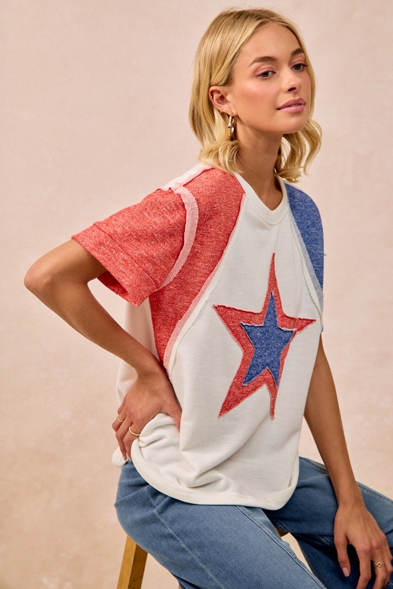 BiBi Contrast French Terry Cut Edge Detail Fourth Of July Theme T-Shirt - Wow Store