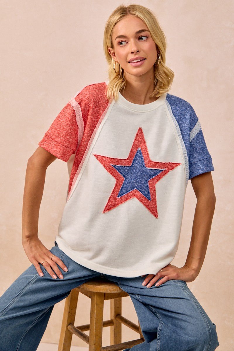 BiBi Contrast French Terry Cut Edge Detail Fourth Of July Theme T-Shirt - Wow Store