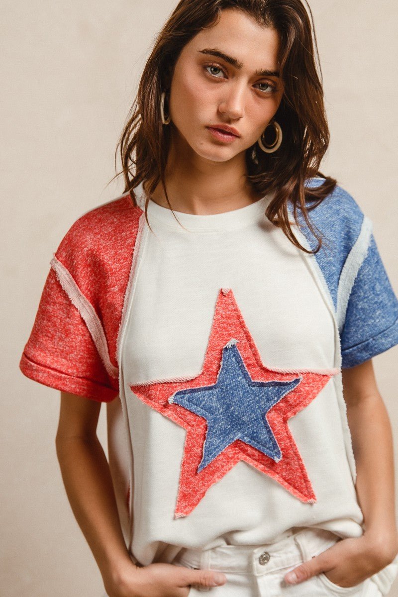 BiBi Contrast French Terry Cut Edge Detail Fourth Of July Theme T-Shirt - Wow Store