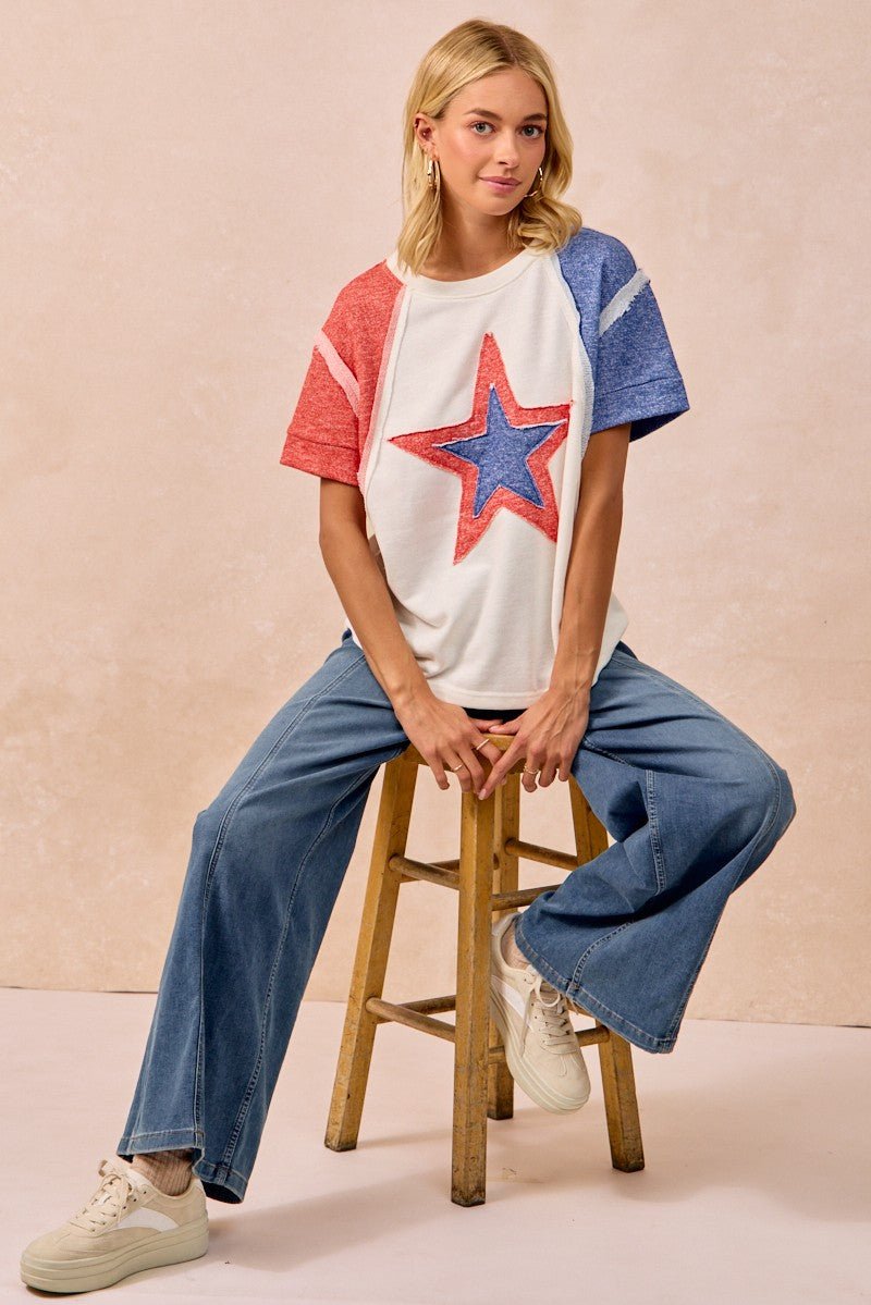 BiBi Contrast French Terry Cut Edge Detail Fourth Of July Theme T-Shirt - Wow Store