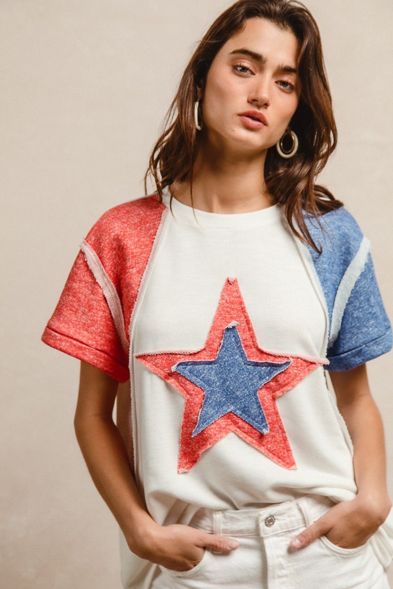 BiBi Contrast French Terry Cut Edge Detail Fourth Of July Theme T-Shirt - Wow Store