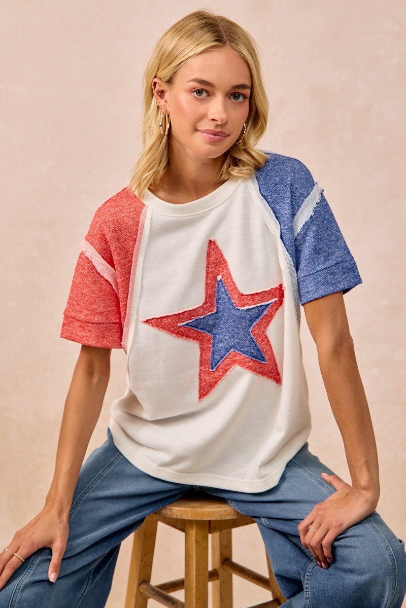 BiBi Contrast French Terry Cut Edge Detail Fourth Of July Theme T-Shirt - Wow Store