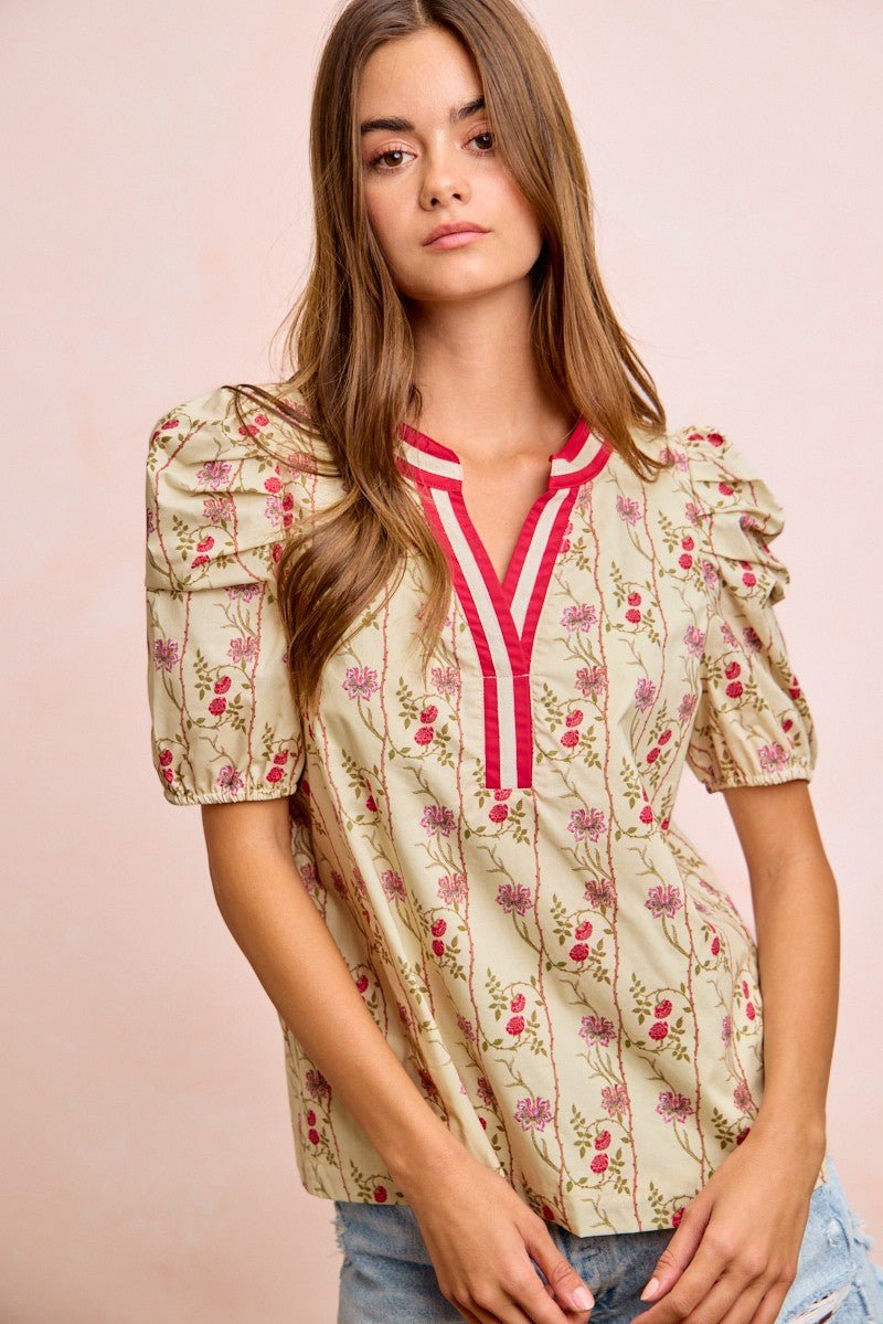 BiBi Floral Gather Sleeves Contrast Neckband Blouse Top - Wow Store