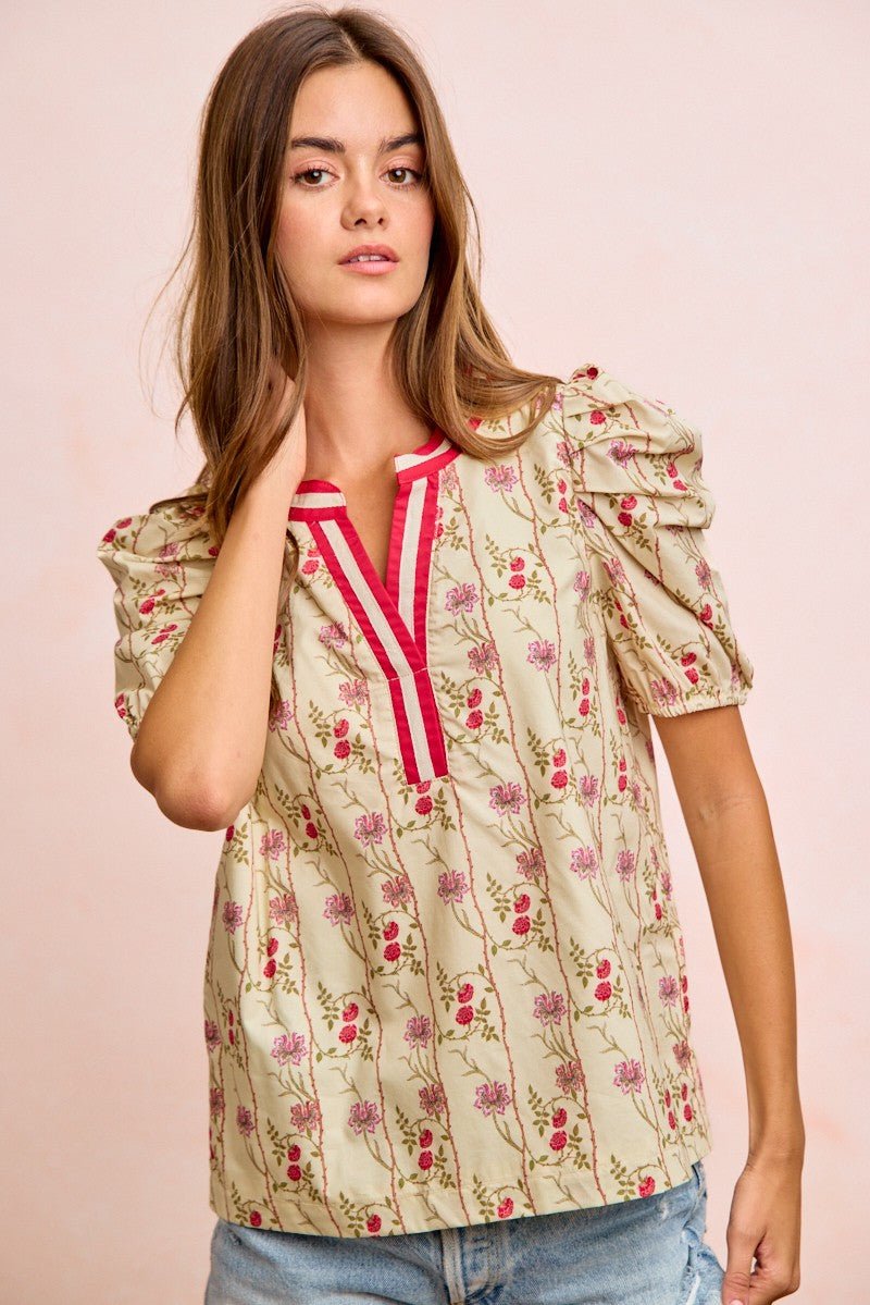 BiBi Floral Gather Sleeves Contrast Neckband Blouse Top - Wow Store