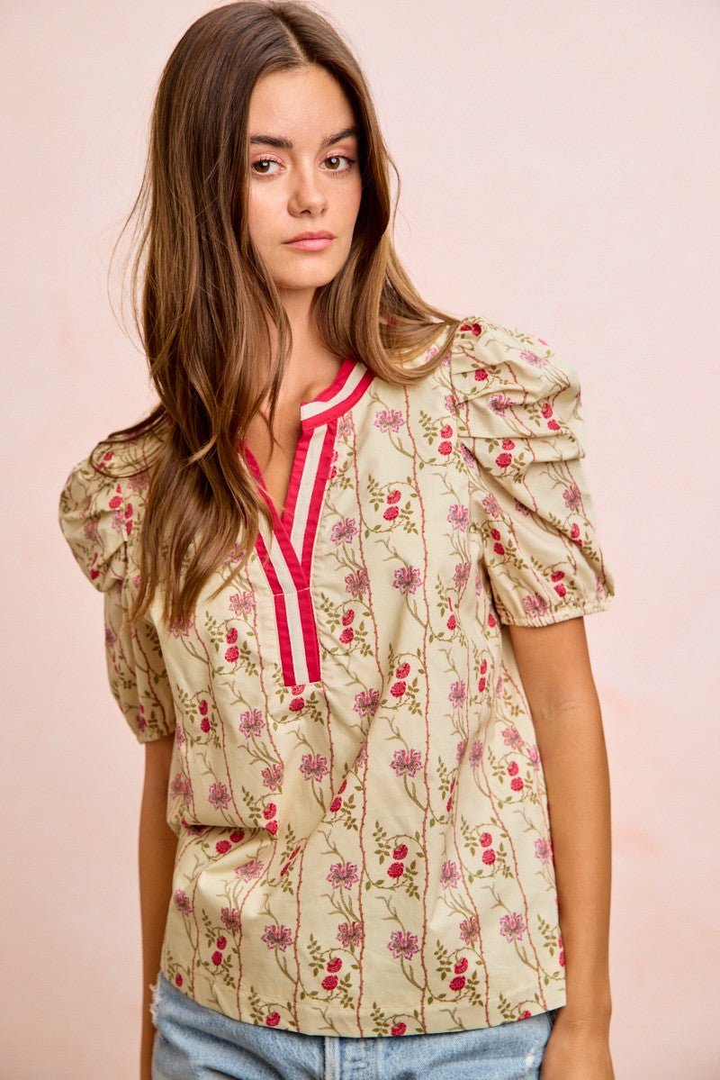 BiBi Floral Gather Sleeves Contrast Neckband Blouse Top - Wow Store