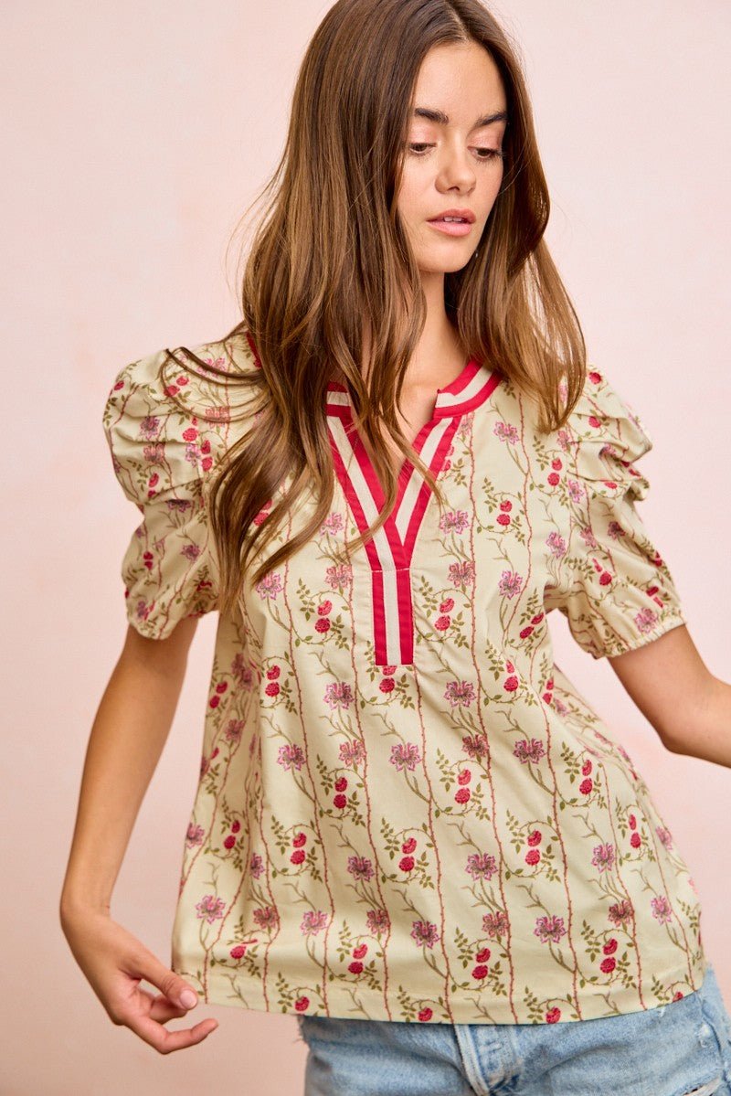 BiBi Floral Gather Sleeves Contrast Neckband Blouse Top - Wow Store