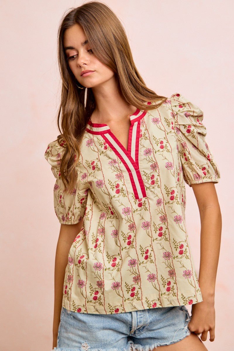 BiBi Floral Gather Sleeves Contrast Neckband Blouse Top - Wow Store