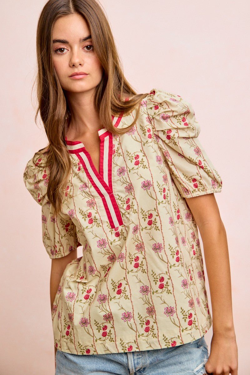 BiBi Floral Gather Sleeves Contrast Neckband Blouse Top - Wow Store
