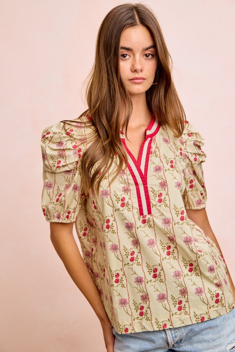 BiBi Floral Gather Sleeves Contrast Neckband Blouse Top - Wow Store