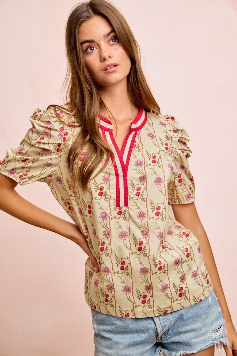 BiBi Floral Gather Sleeves Contrast Neckband Blouse Top - Wow Store