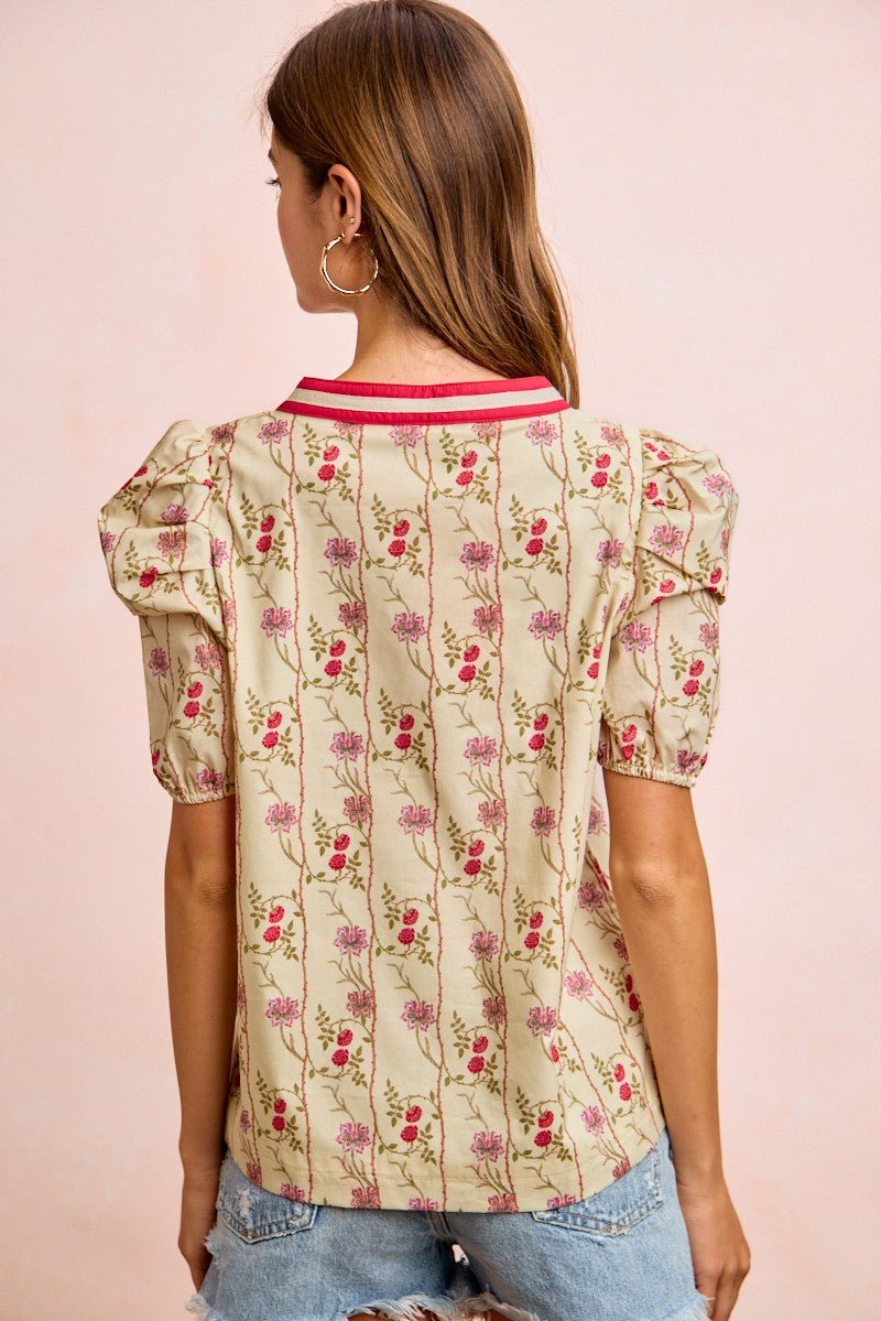 BiBi Floral Gather Sleeves Contrast Neckband Blouse Top - Wow Store