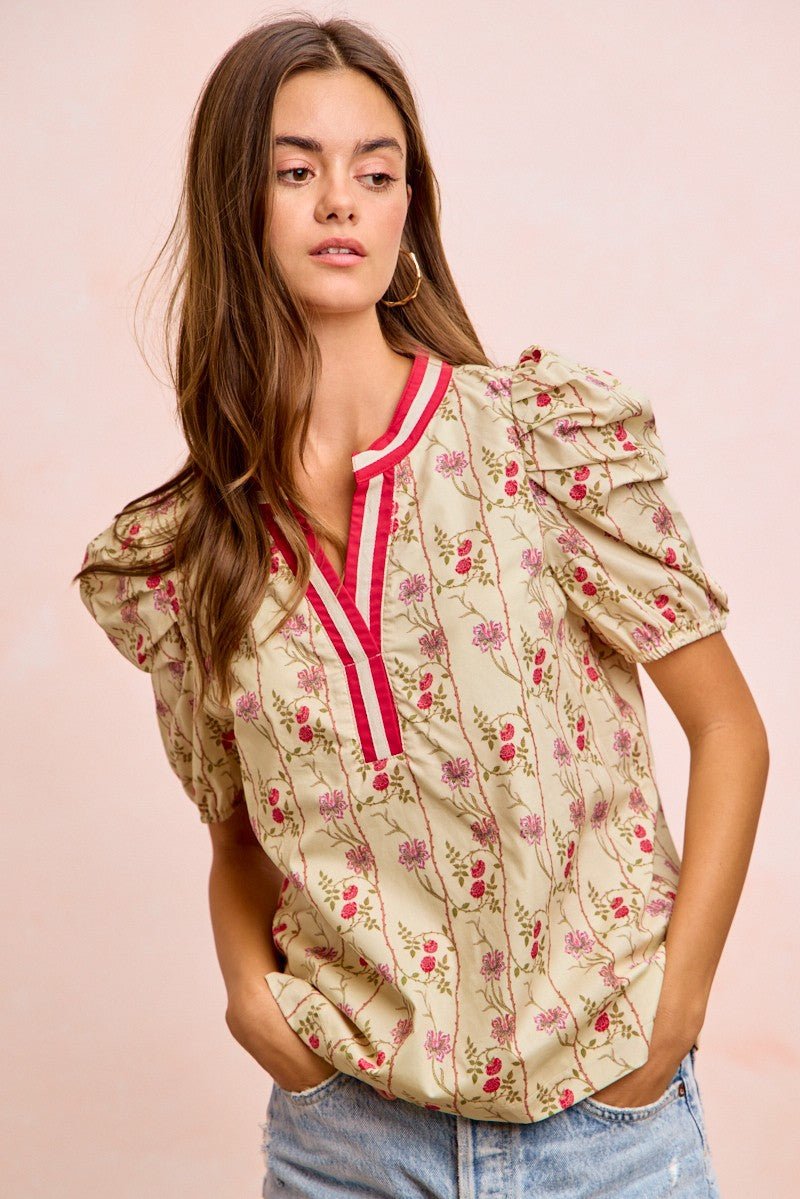 BiBi Floral Gather Sleeves Contrast Neckband Blouse Top - Wow Store