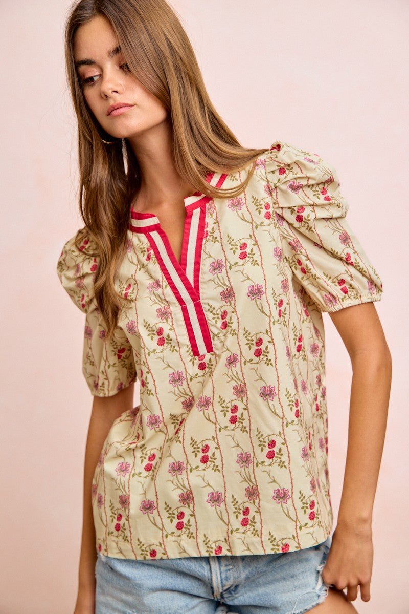 BiBi Floral Gather Sleeves Contrast Neckband Blouse Top - Wow Store