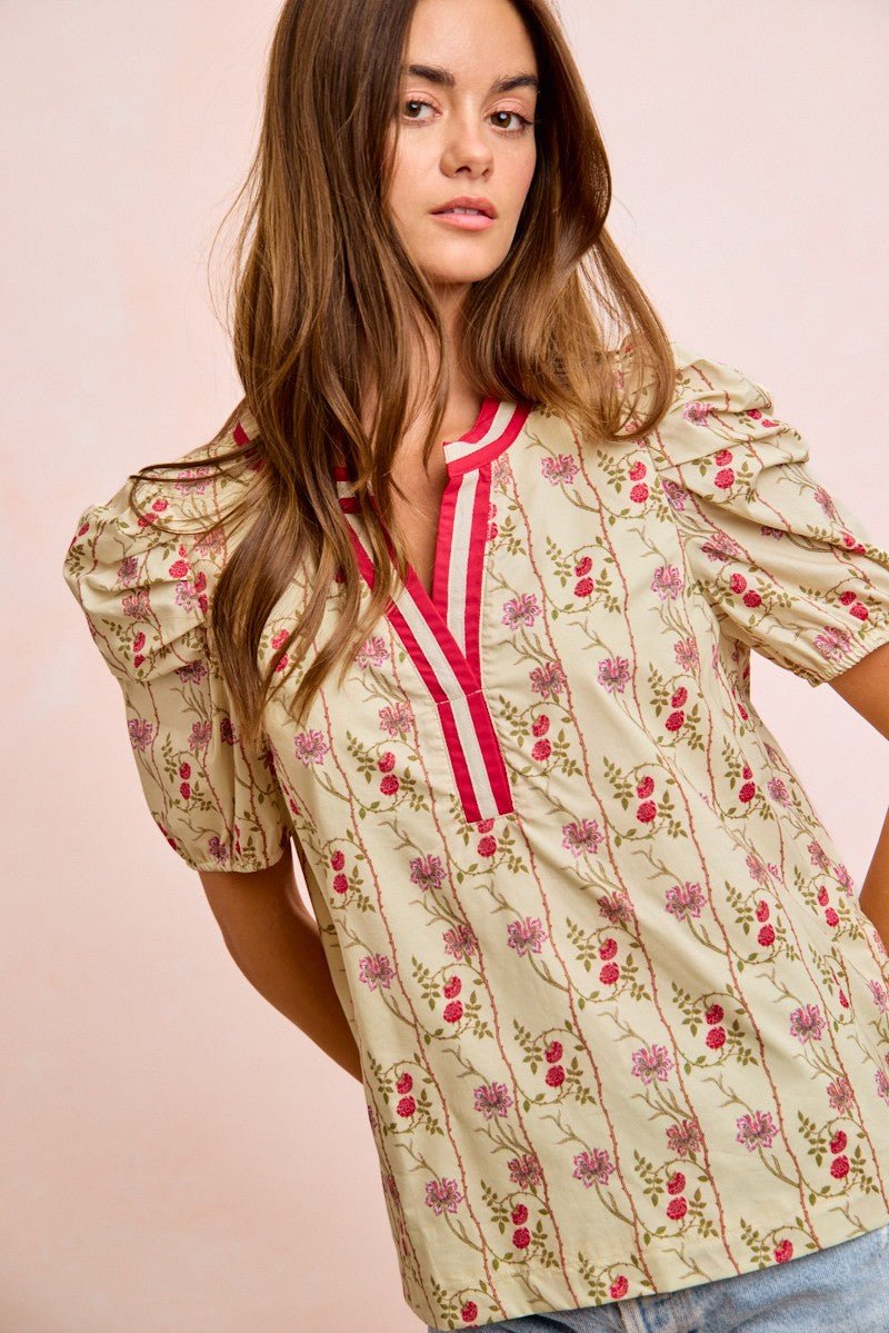 BiBi Floral Gather Sleeves Contrast Neckband Blouse Top - Wow Store
