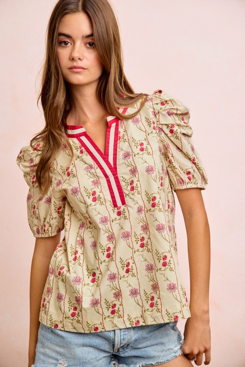 BiBi Floral Gather Sleeves Contrast Neckband Blouse Top - Wow Store