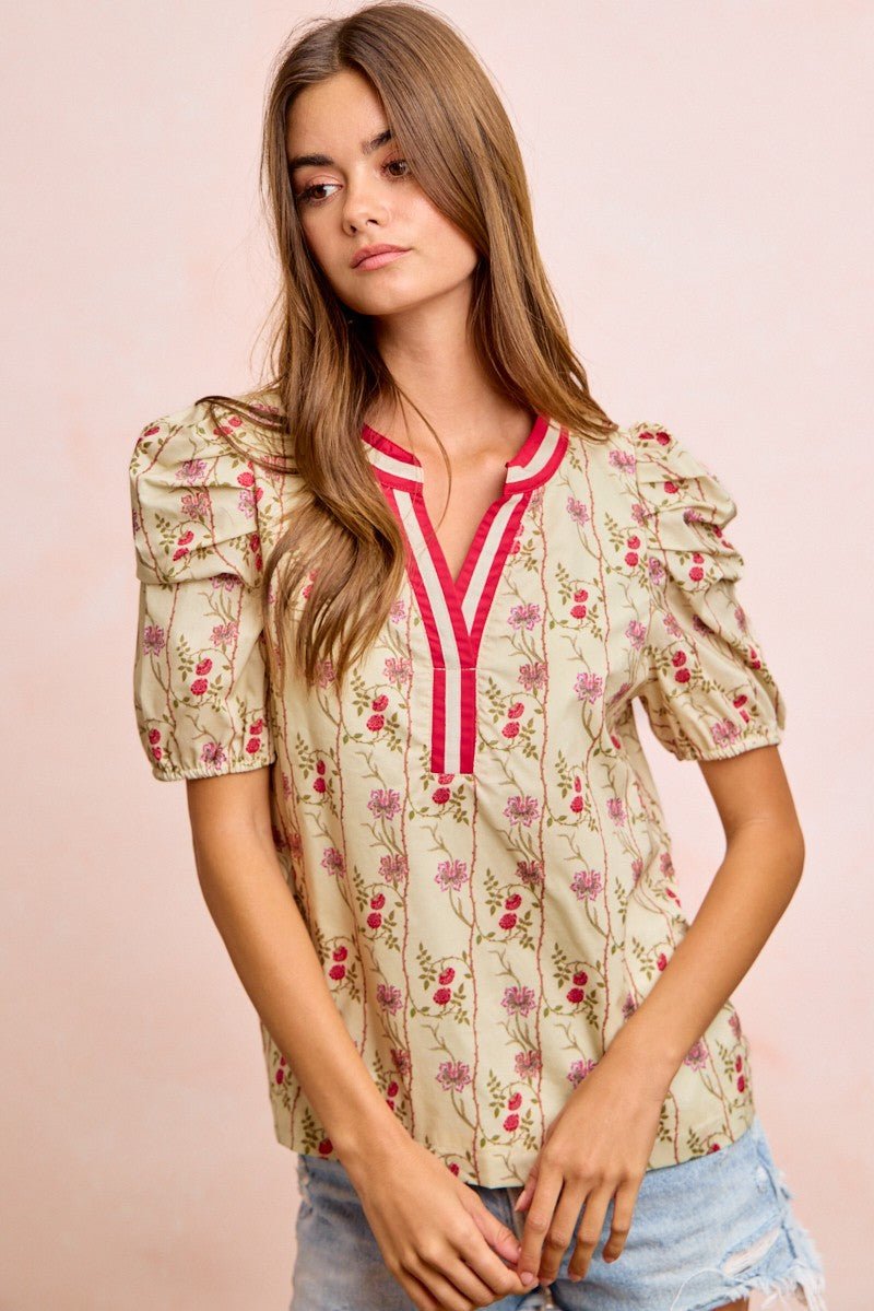 BiBi Floral Gather Sleeves Contrast Neckband Blouse Top - Wow Store