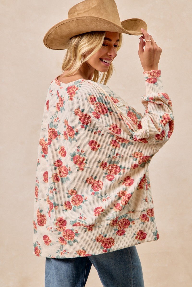 BiBi Floral Print Oversized Waffle Thermal Sweatshirt - Wow Store