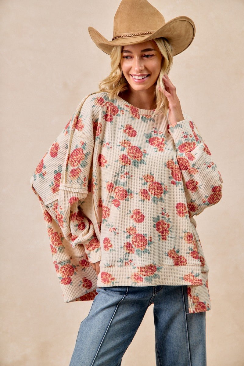 BiBi Floral Print Oversized Waffle Thermal Sweatshirt - Wow Store